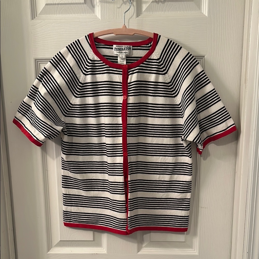 Pendleton White Black Striped Short Sleeve Cardigan with Red Trim